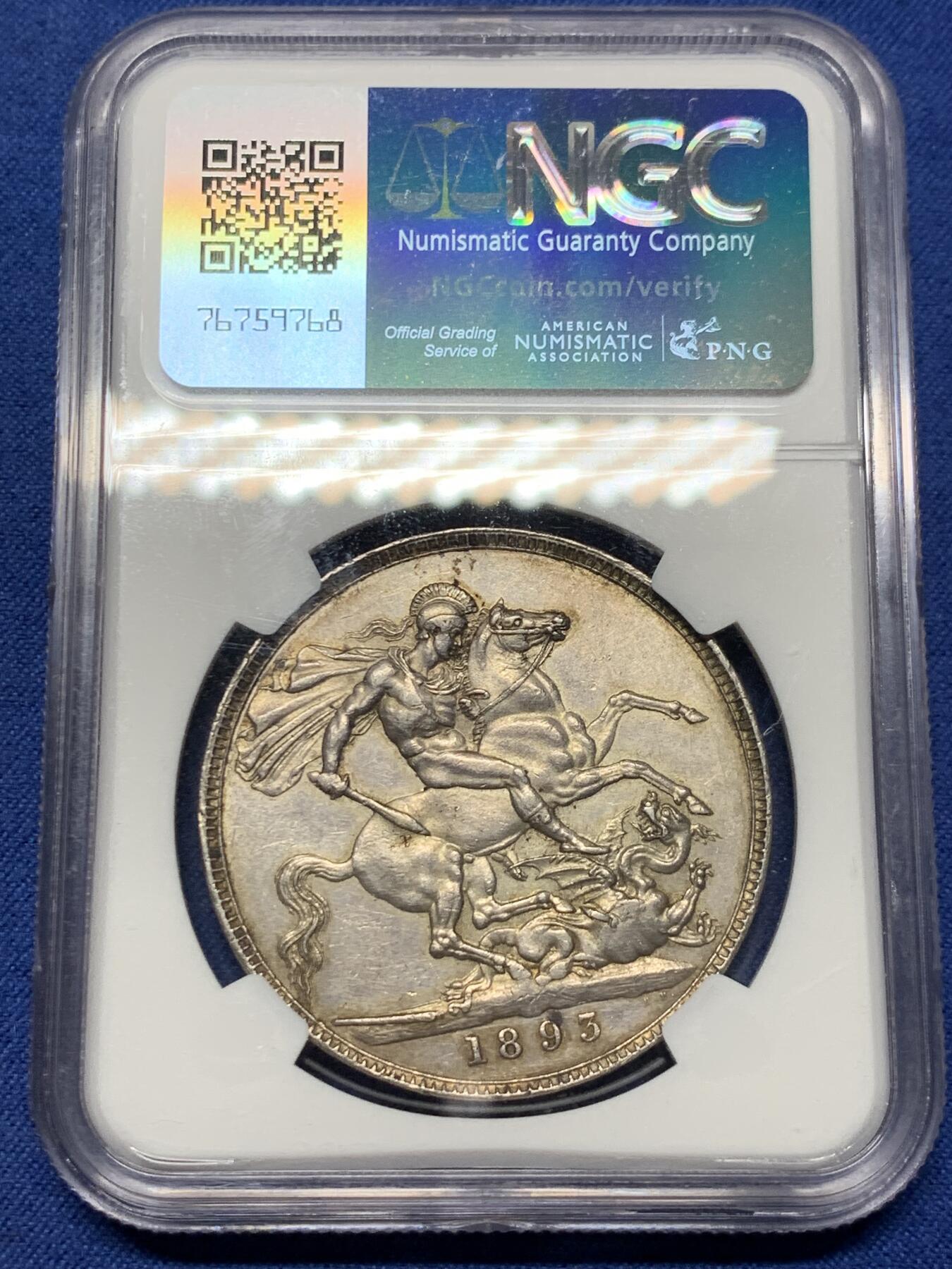 《竞宝斋》第359场 周日，周一  2场连拍 （全场包邮） NGC AU55 英国1893年维多利亚披纱马剑克朗银币