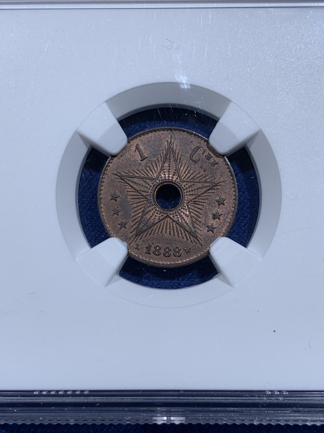 《竞宝斋》第359场 周日，周一  2场连拍 （全场包邮） NGC MS63RB 比属刚果1888年1分小铜币 两面原铜光 细节清晰 划痕少 个人认为低评了 高价品种