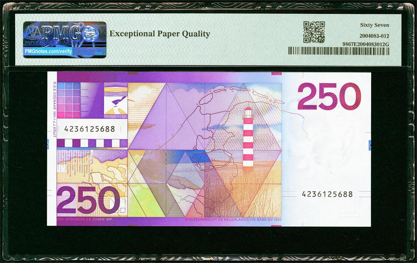【Blue Auction】✨世界纸币精拍第627期【精】 【88尾】荷兰 1985年250盾 经典灯塔 PMG67EPQ 高分 