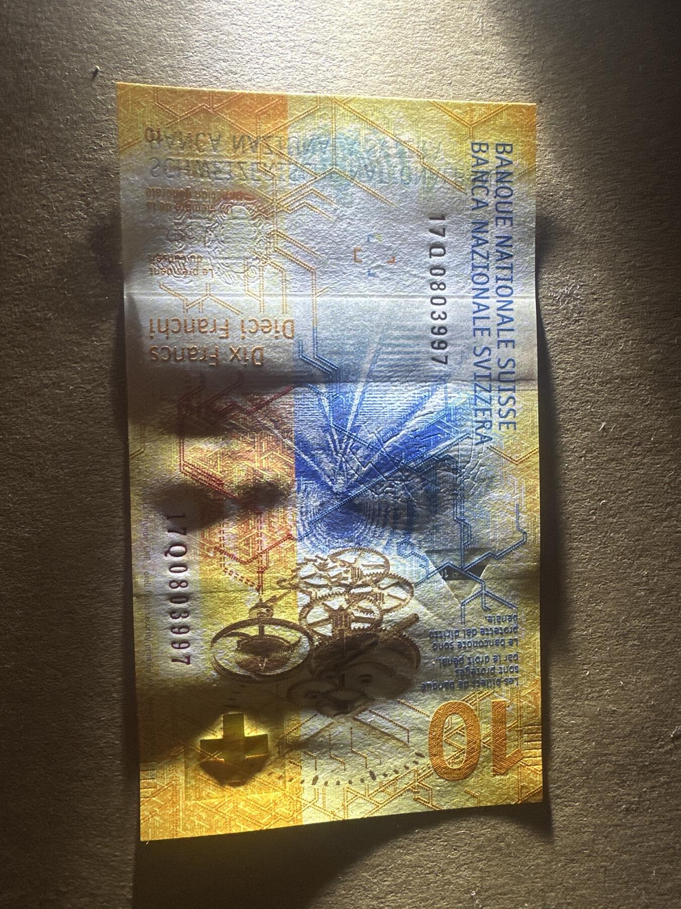 外国纸币专场 UNC瑞士法郎10 IBNS最美钞票获得者