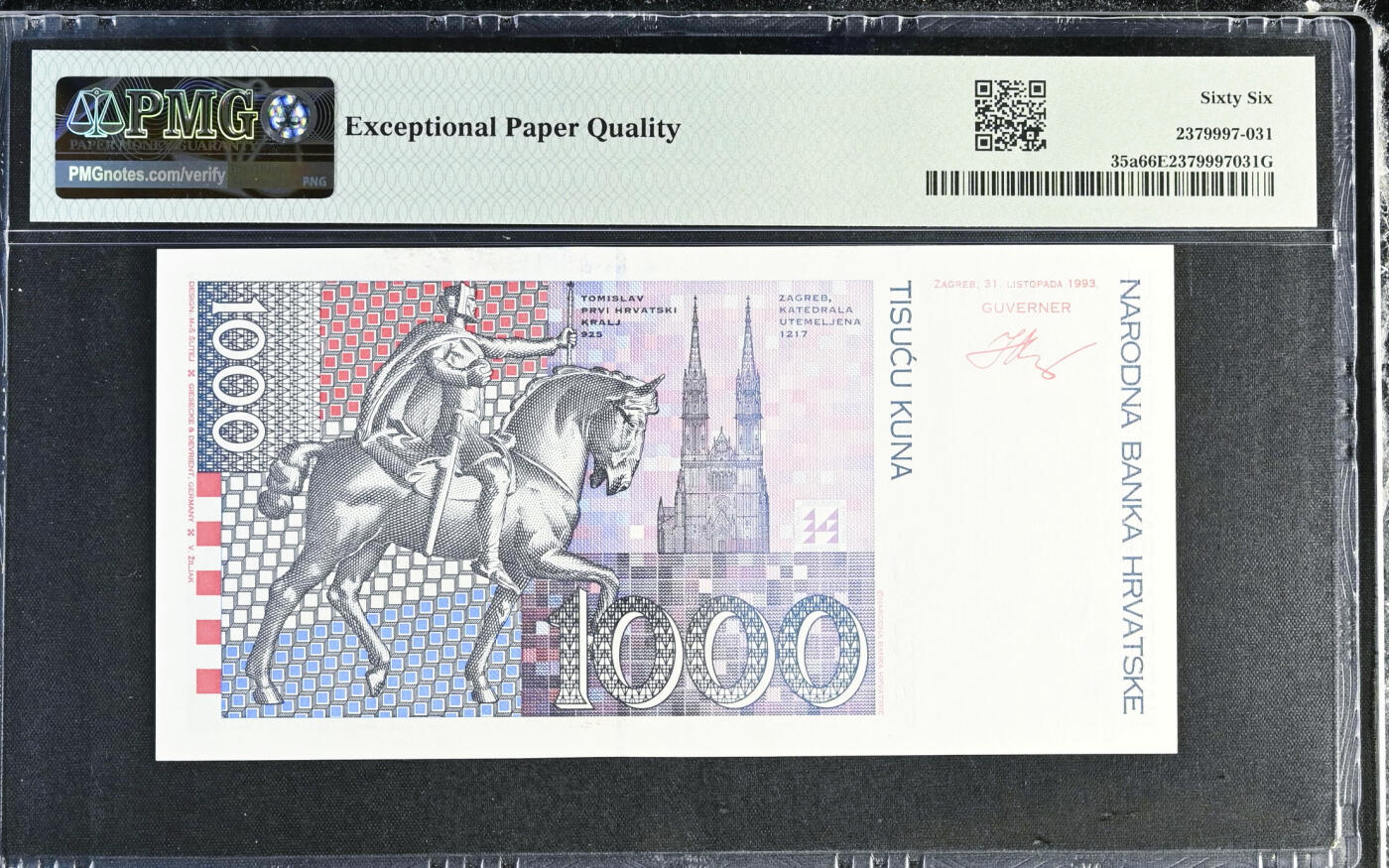【Blue Auction】✨世界纸币精拍第627期【精】 【AA】克罗地亚 1993年1000库纳 PMG66EPQ 
