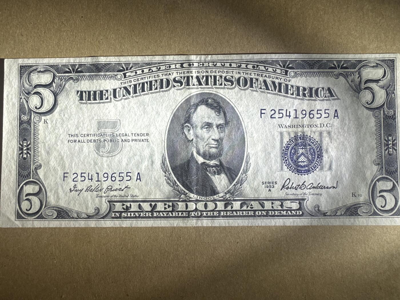 外国纸币专场 美国蓝裤5刀流通品