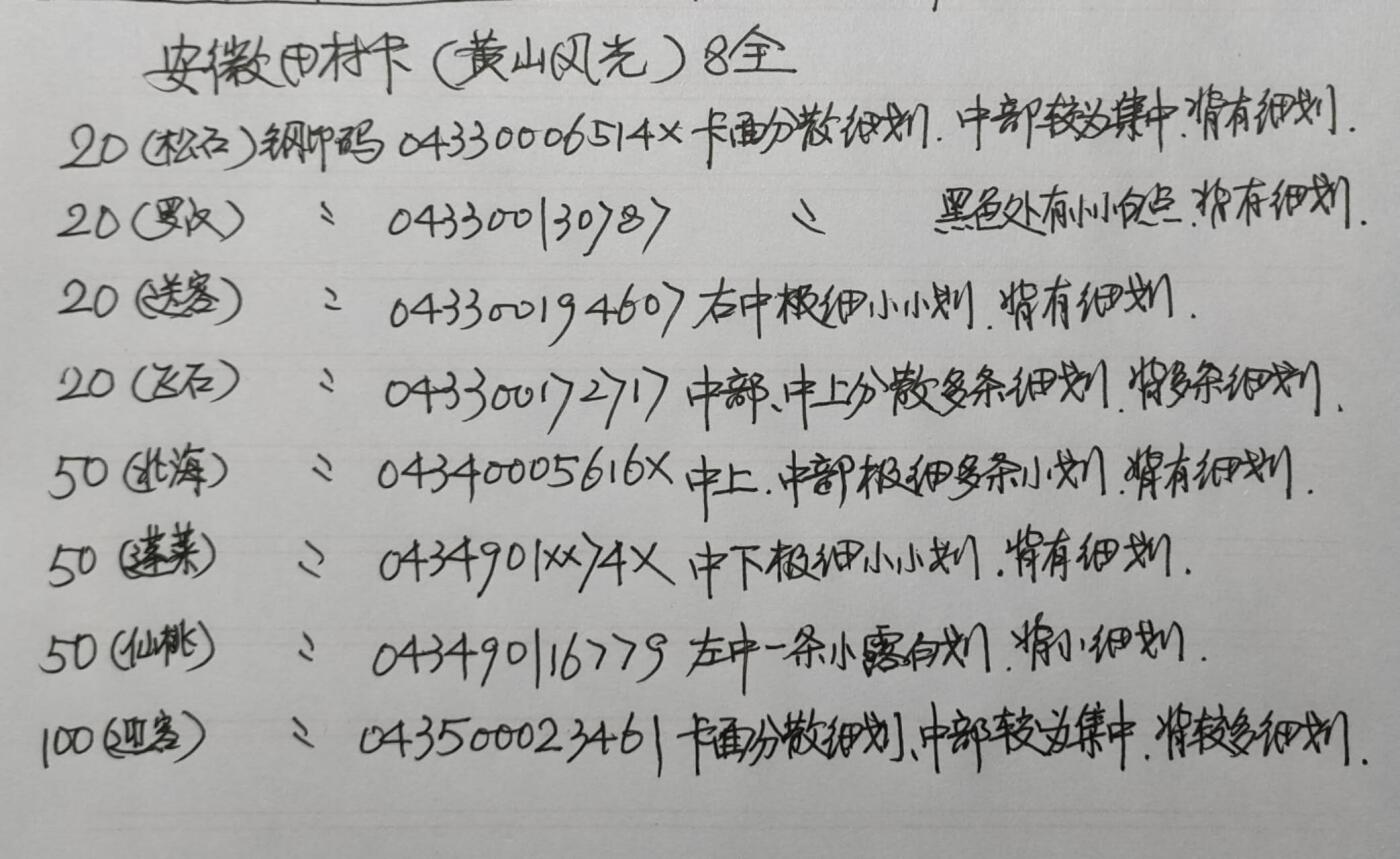 公藏第38期裸卡拍卖 安徽田村卡（黄山风光）8全，品相钢印码见描述。