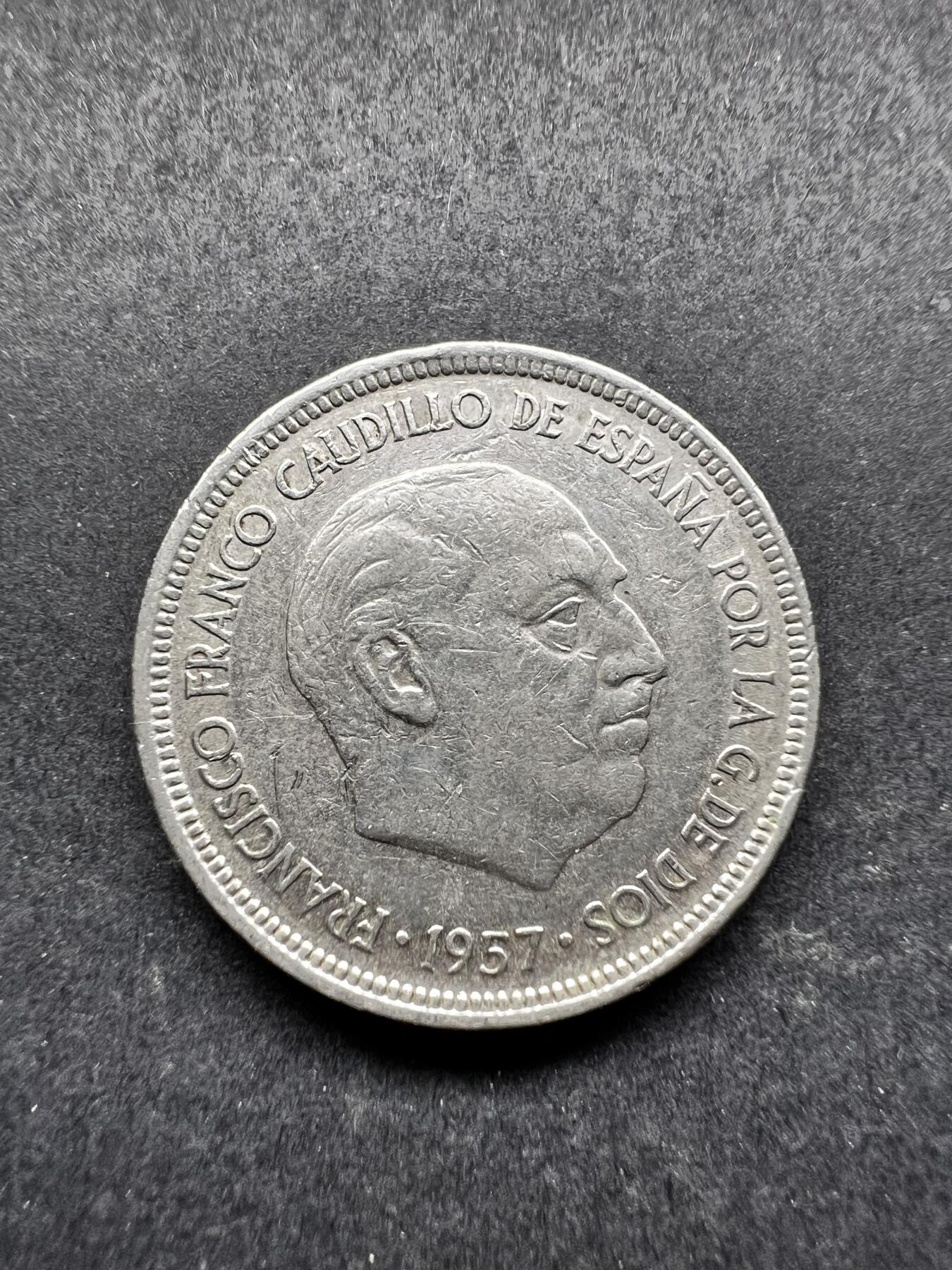 聚福钱庄★世界钱币第三期 无佣金 可寄存 满百包邮  西班牙1957年5比塞塔镍币 佛朗哥