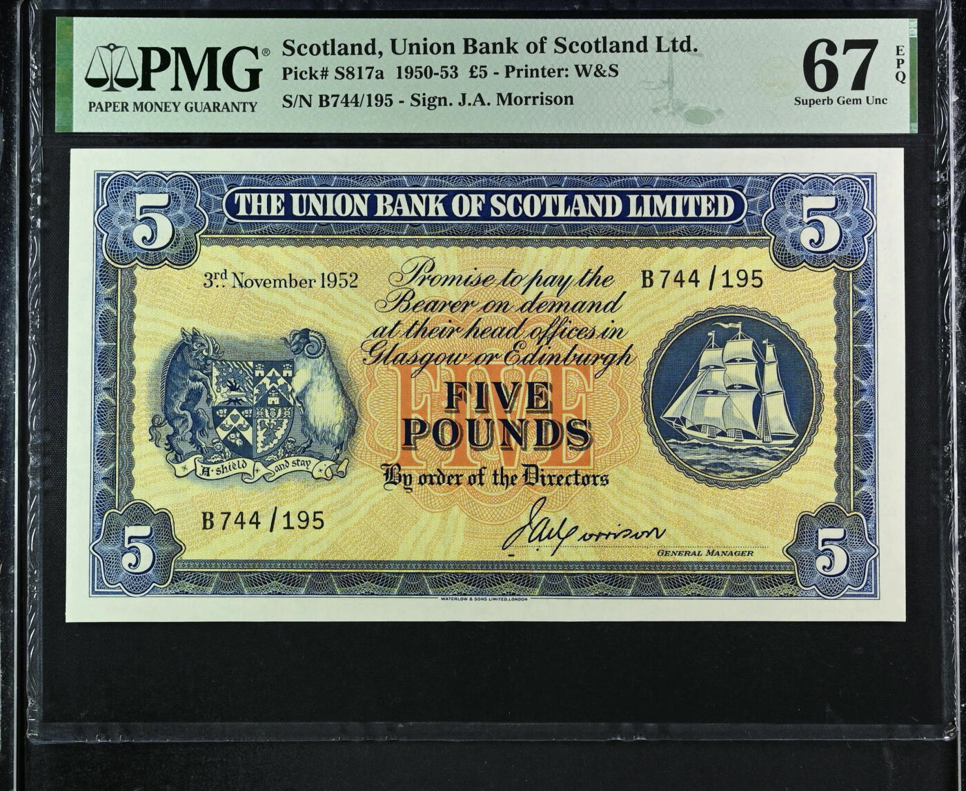 【Blue Auction】✨世界纸币精拍第627期【精】 【冠军分 无47】苏格兰 1952年5镑 大票幅 背面大场景设计精美 PMG67EPQ 高分
