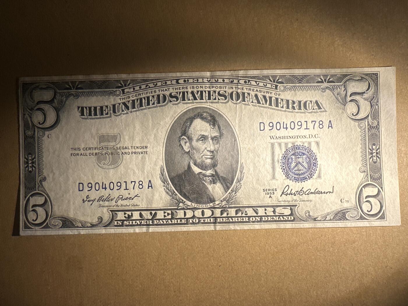 外国纸币专场 美国蓝裤5刀流通品