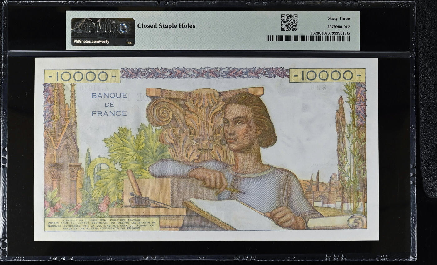 【Blue Auction】✨世界纸币精拍第627期【精】 【无47】法国 1956年10000法郎 地球女神 超大票幅 设计精美 PMG63 