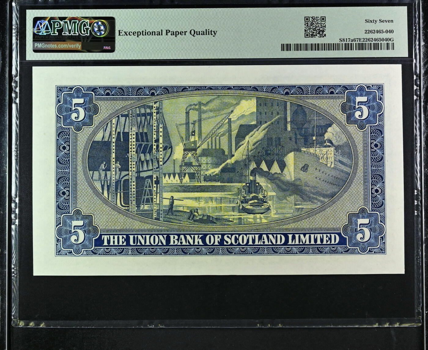 【Blue Auction】✨世界纸币精拍第627期【精】 【冠军分 无47】苏格兰 1952年5镑 大票幅 背面大场景设计精美 PMG67EPQ 高分