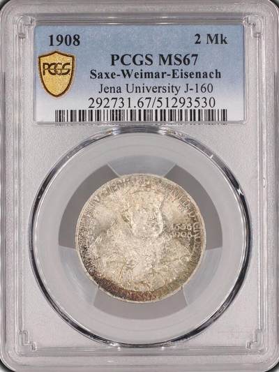 PCGS-MS67 1908 萨克森-魏玛-艾森纳赫2马克银币 - PCGS-MS67 1908 萨克森-魏玛-艾森纳赫2马克银币