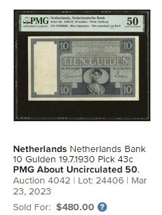 【Blue Auction】✨世界纸币精拍第627期【精】 【罕见c版 唯一冠军分】荷兰 1930-32年10盾 PMG55 古典美
