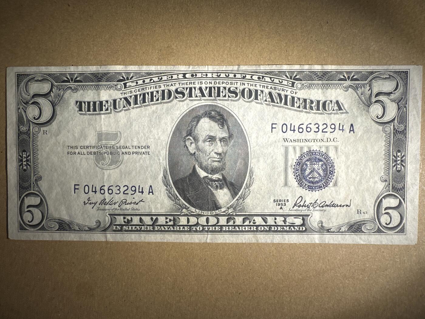 外国纸币专场 美国蓝裤5刀 流通品