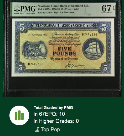 【Blue Auction】✨世界纸币精拍第627期【精】 【冠军分 无47】苏格兰 1952年5镑 大票幅 背面大场景设计精美 PMG67EPQ 高分
