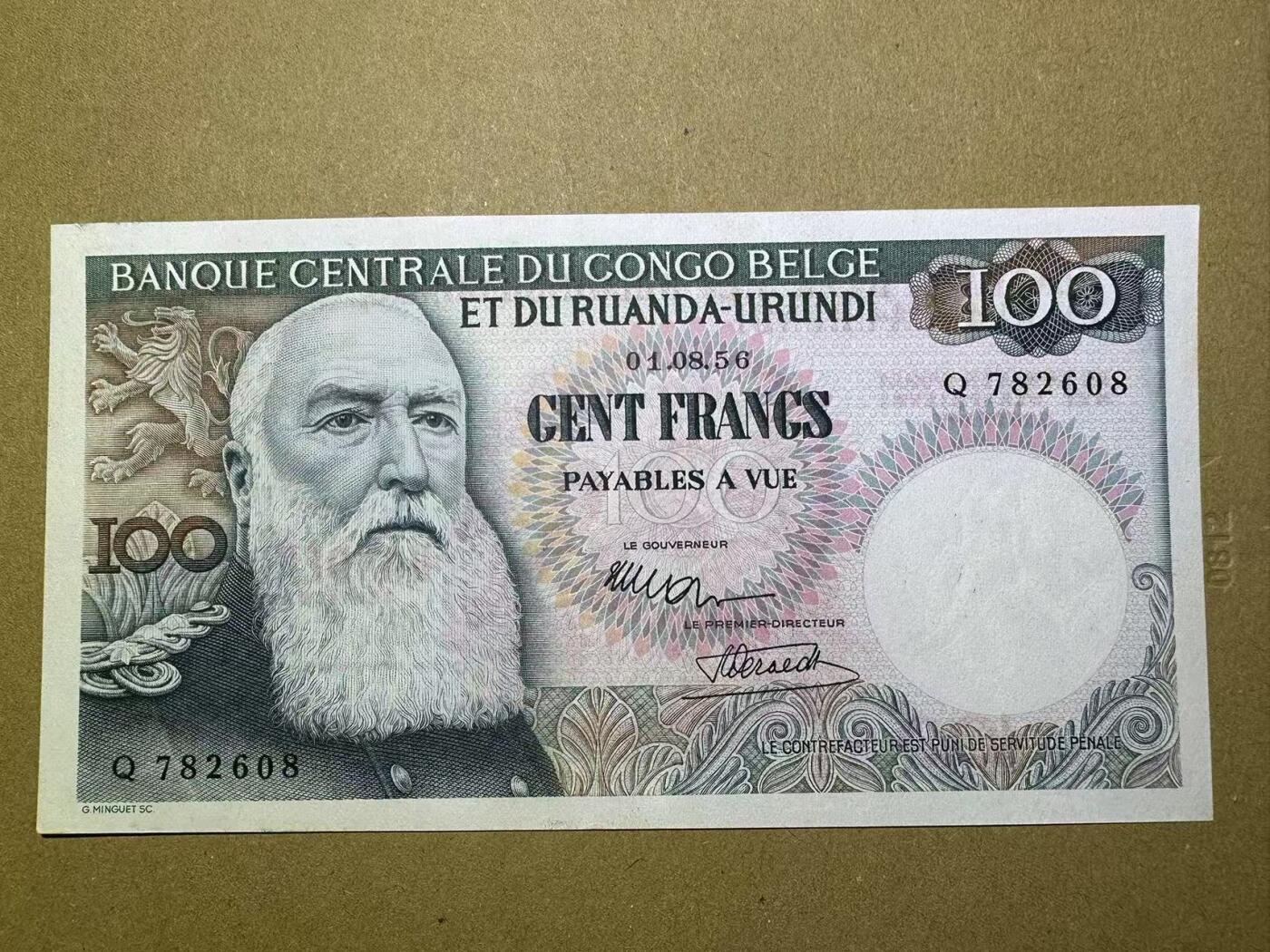 【Blue Auction】✨世界纸币精拍第627期【精】 比属刚果 1956年100法郎 大胡子 雕刻精美 UNC-