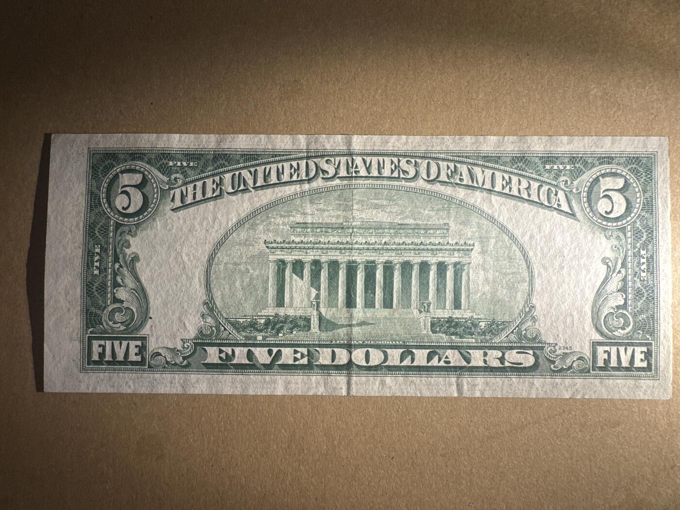 外国纸币专场 美国蓝裤5刀流通品