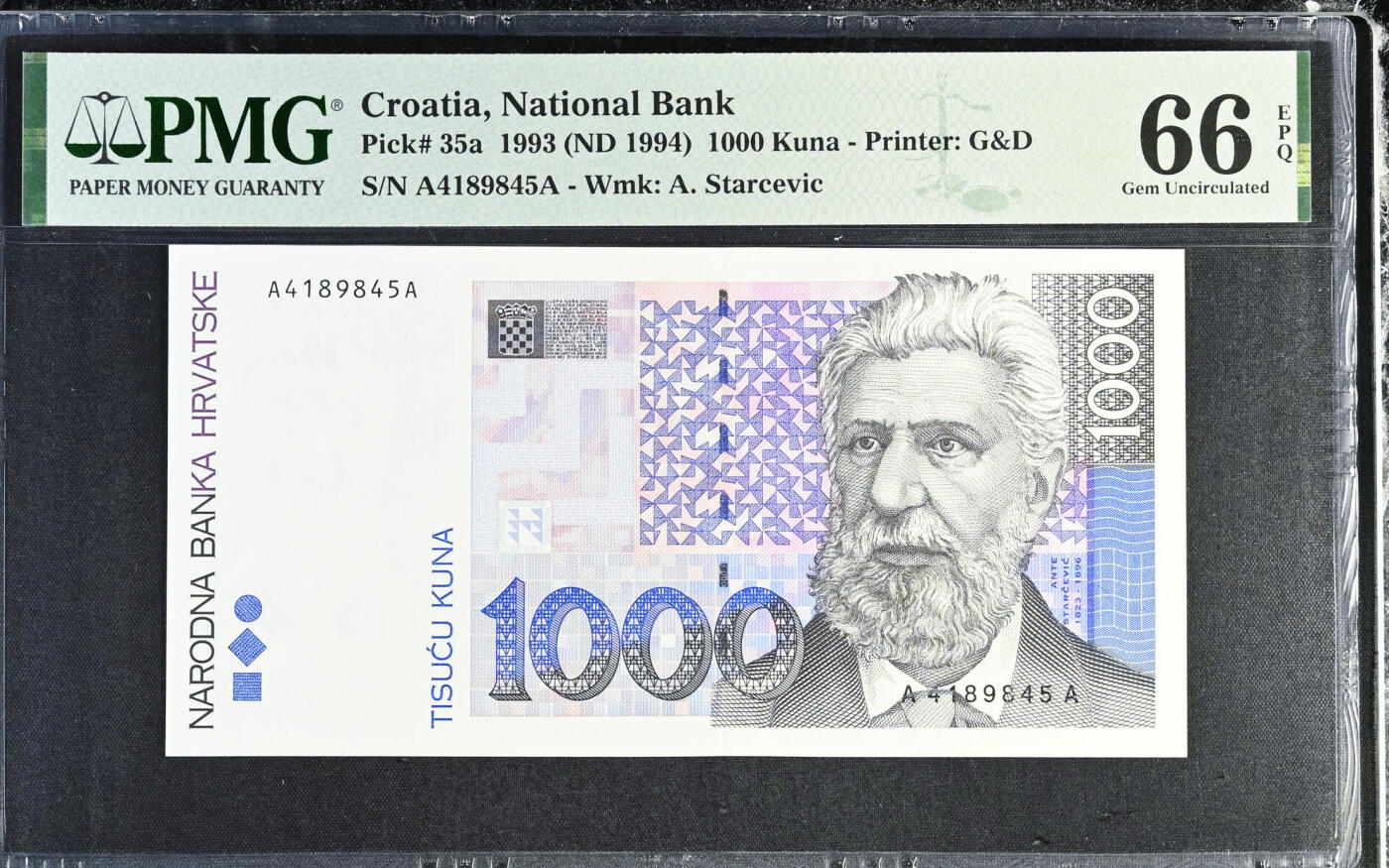 【Blue Auction】✨世界纸币精拍第627期【精】 【AA】克罗地亚 1993年1000库纳 PMG66EPQ 