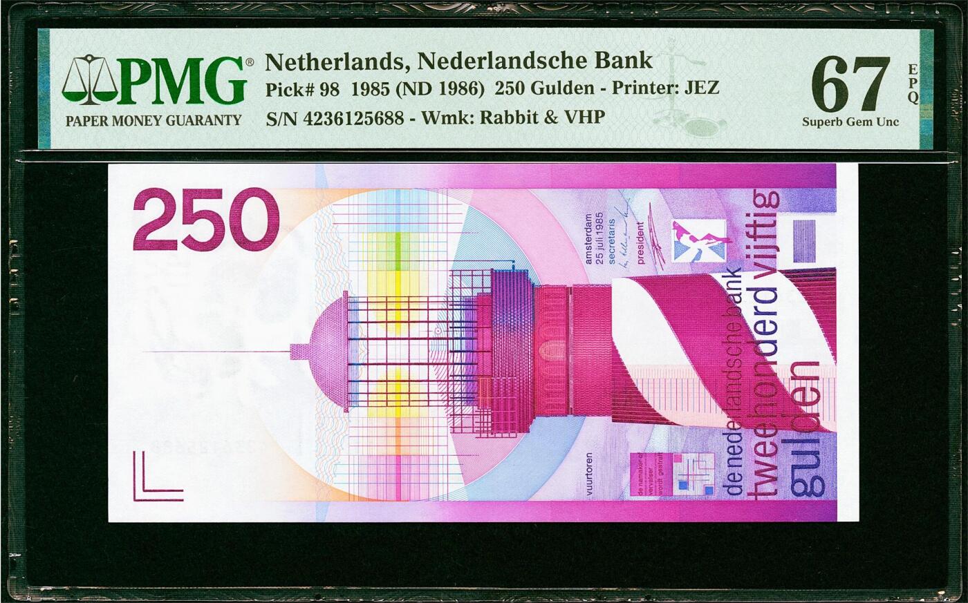 【Blue Auction】✨世界纸币精拍第627期【精】 【88尾】荷兰 1985年250盾 经典灯塔 PMG67EPQ 高分 