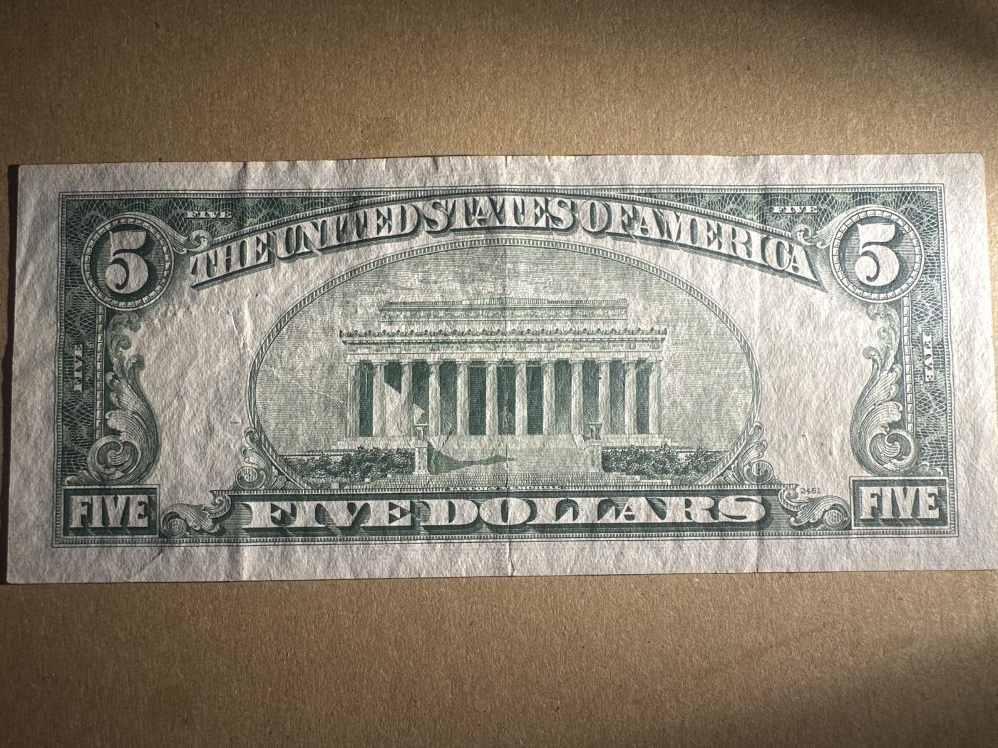 外国纸币专场 美国蓝裤5刀 流通品