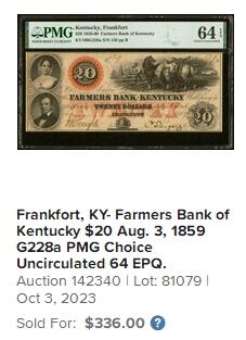 【Blue Auction】✨世界纸币精拍第627期【精】 【手签实钞136小号】美国 肯塔基州 1859年20美金  当时风土人情描绘的深入形象 红色套印 品质高雕刻精美 PMG65EPQ 绝品大票幅 值得收藏 