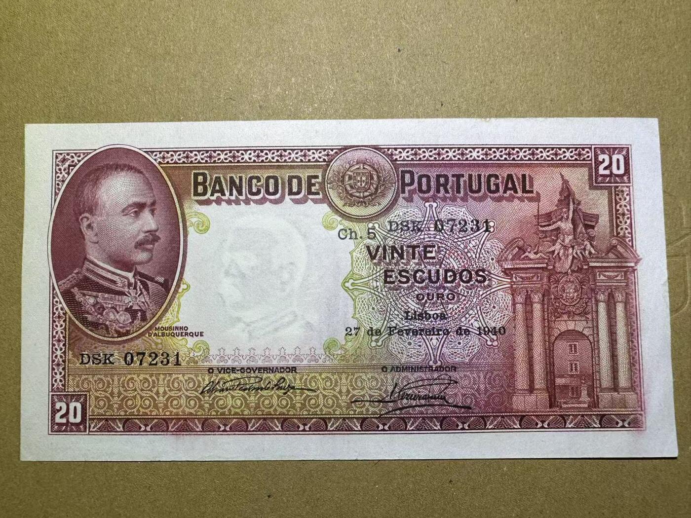 【Blue Auction】✨世界纸币精拍第627期【精】 葡萄牙 1940年20埃斯库多AU 少见早期品种