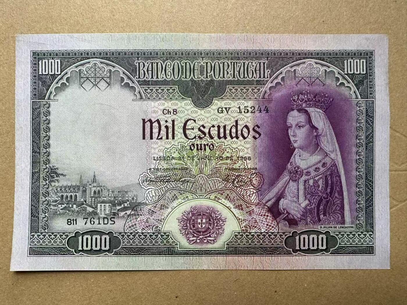 【Blue Auction】✨世界纸币精拍第627期【精】  葡萄牙 1956年1000埃斯库多 费丽帕女王初版 设计精美 AU品相