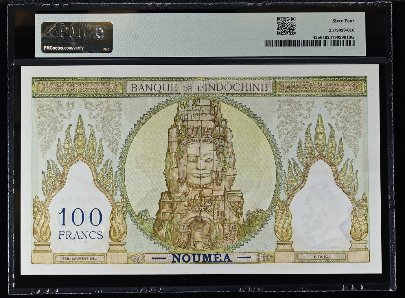 【Blue Auction】✨世界纸币精拍第627期【精】  【无背标】新咯里多尼亚 1963年100法郎 四面佛 超大票幅 法属风 精美 PMG64