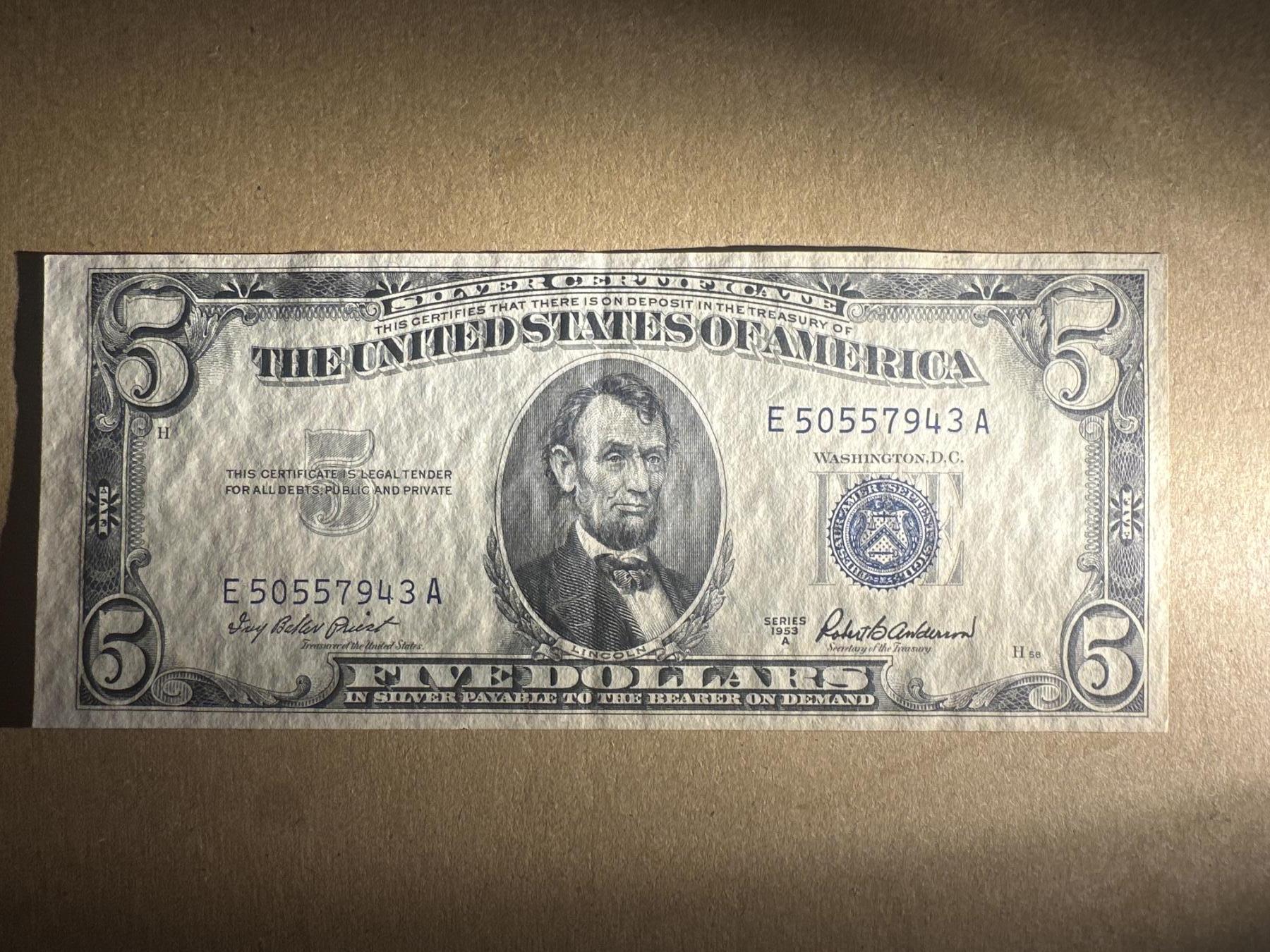 外国纸币专场 美国蓝裤5刀Au-