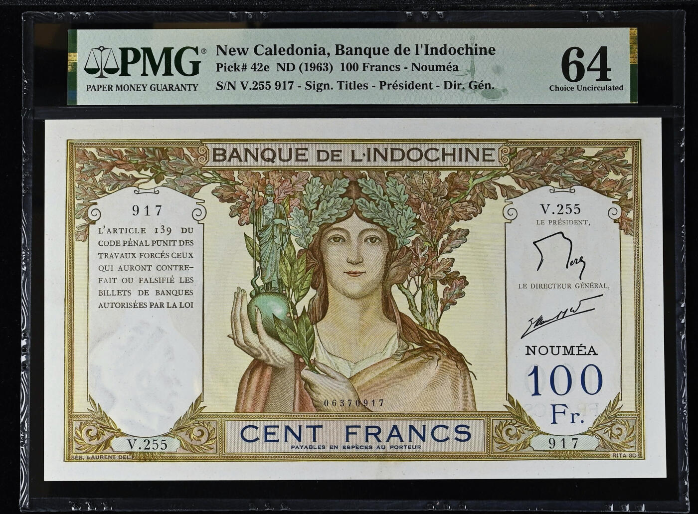 【Blue Auction】✨世界纸币精拍第627期【精】  【无背标】新咯里多尼亚 1963年100法郎 四面佛 超大票幅 法属风 精美 PMG64