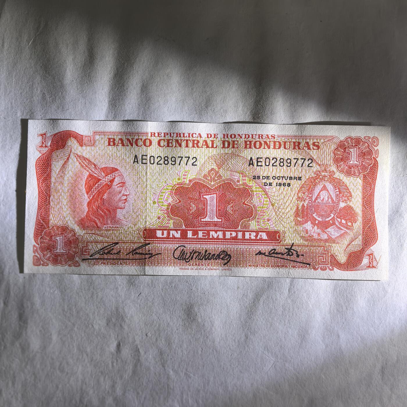 各国外币第91期 洪都拉斯1伦皮亚1968年 unc-美品