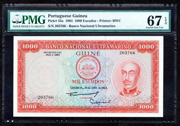 【Blue Auction】✨世界纸币精拍第627期【精】  【冠军分】葡属几内亚 1964年1000埃斯库多 PMG67EPQ 高分 BWC出品雕刻精美 人物为霍里奥·巴雷托 背面经典场景 