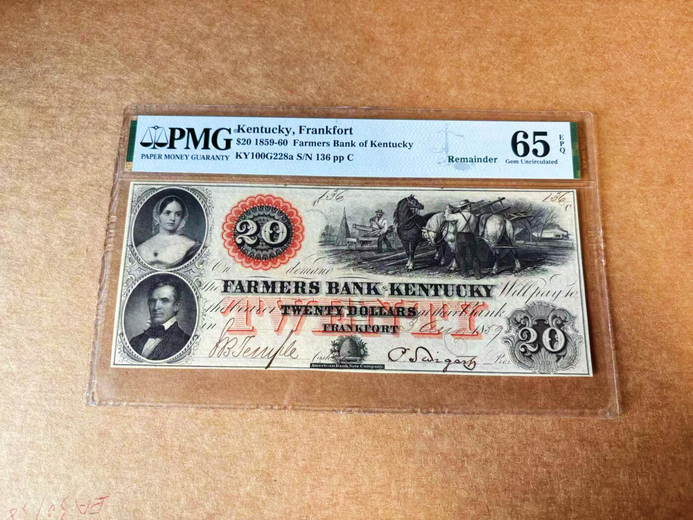 【Blue Auction】✨世界纸币精拍第627期【精】 【手签实钞136小号】美国 肯塔基州 1859年20美金  当时风土人情描绘的深入形象 红色套印 品质高雕刻精美 PMG65EPQ 绝品大票幅 值得收藏 