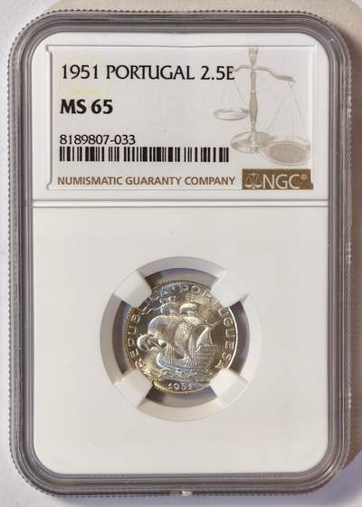 紫瑗钱币——第551期 -  葡萄牙 1951年 帆船 2.5埃斯库多 银币 NGC MS65