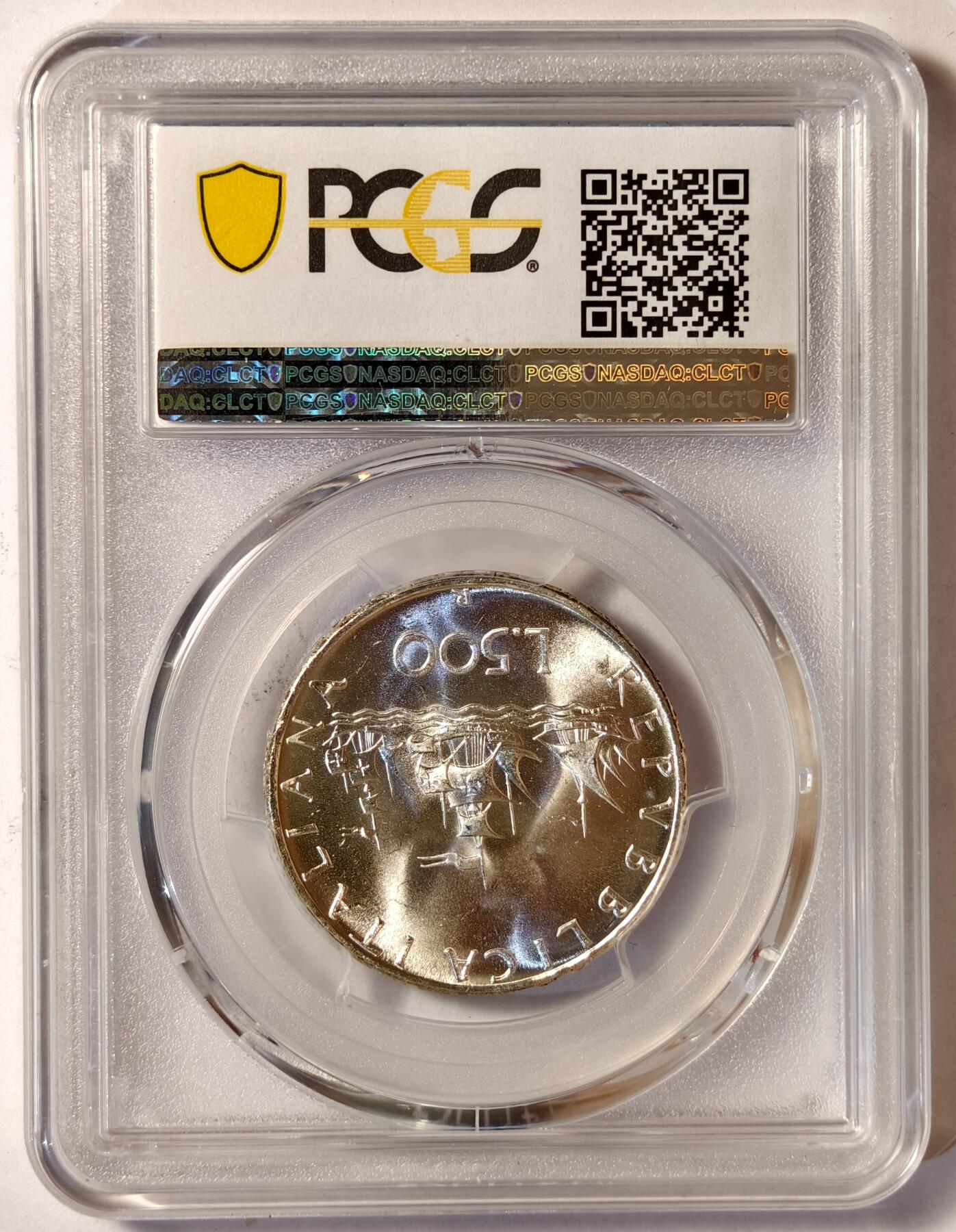 紫瑗钱币——第522期 意大利 1966年 R版 少女与帆船 500里拉 银币 PCGS MS66 