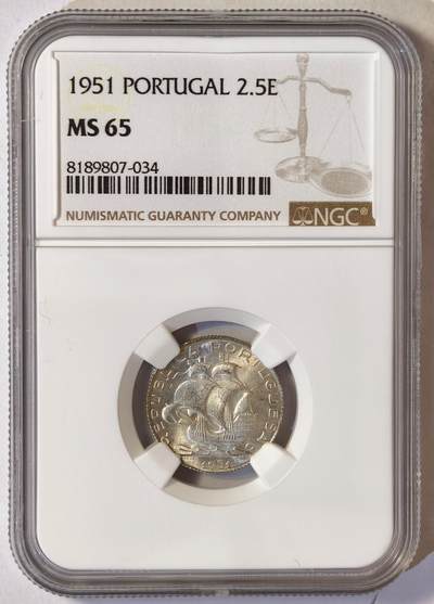 紫瑗钱币——第554期 - 葡萄牙 1951年 帆船 2.5埃斯库多 银币 NGC MS65