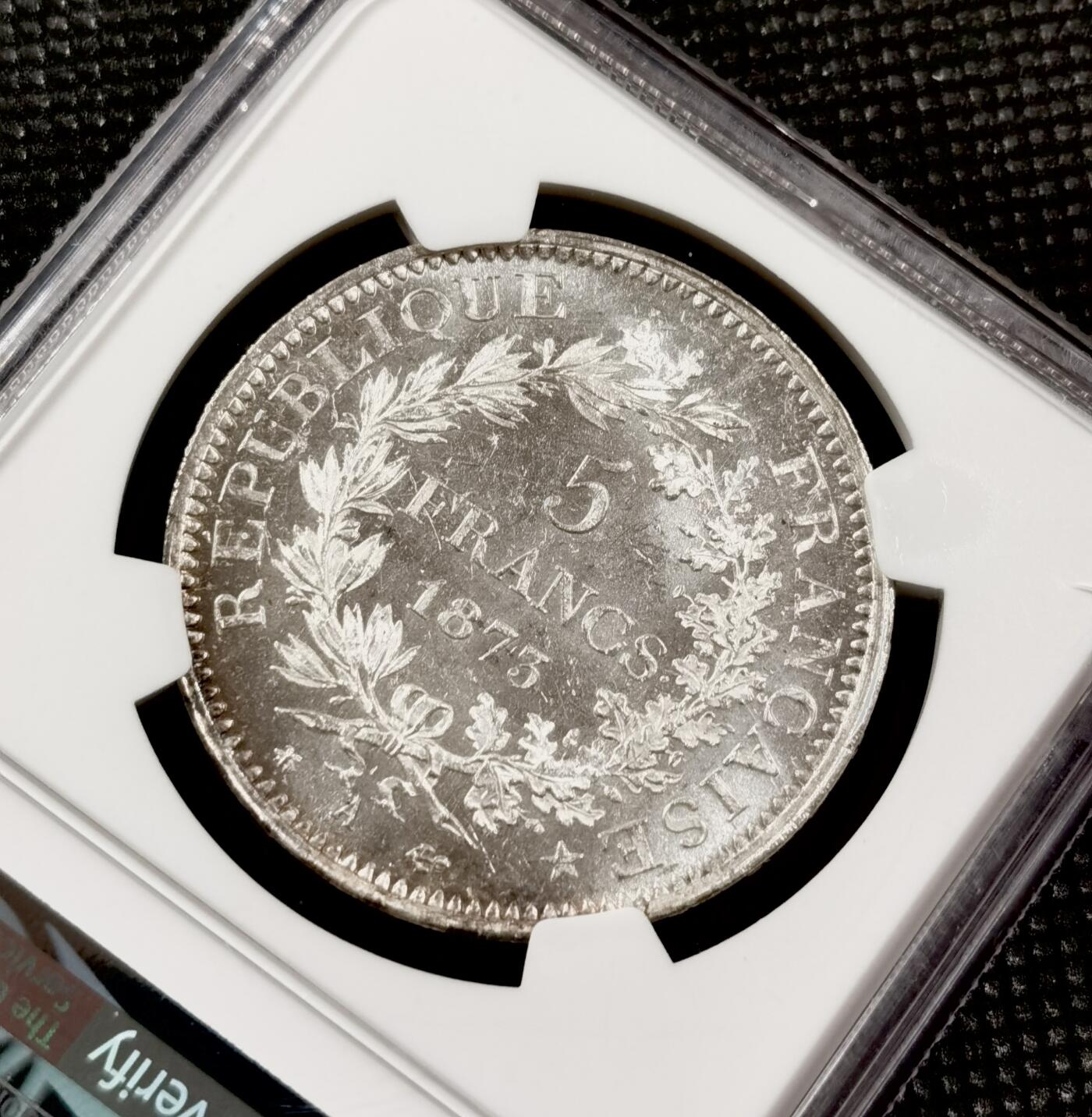 甄臻铺-世界钱币拍卖（第7期）新铺开张，欢迎捧场 NGC-MS65 1873年法国大力神5法郎，极高分，麦稀奇少见，PL质感，重评可能带PL