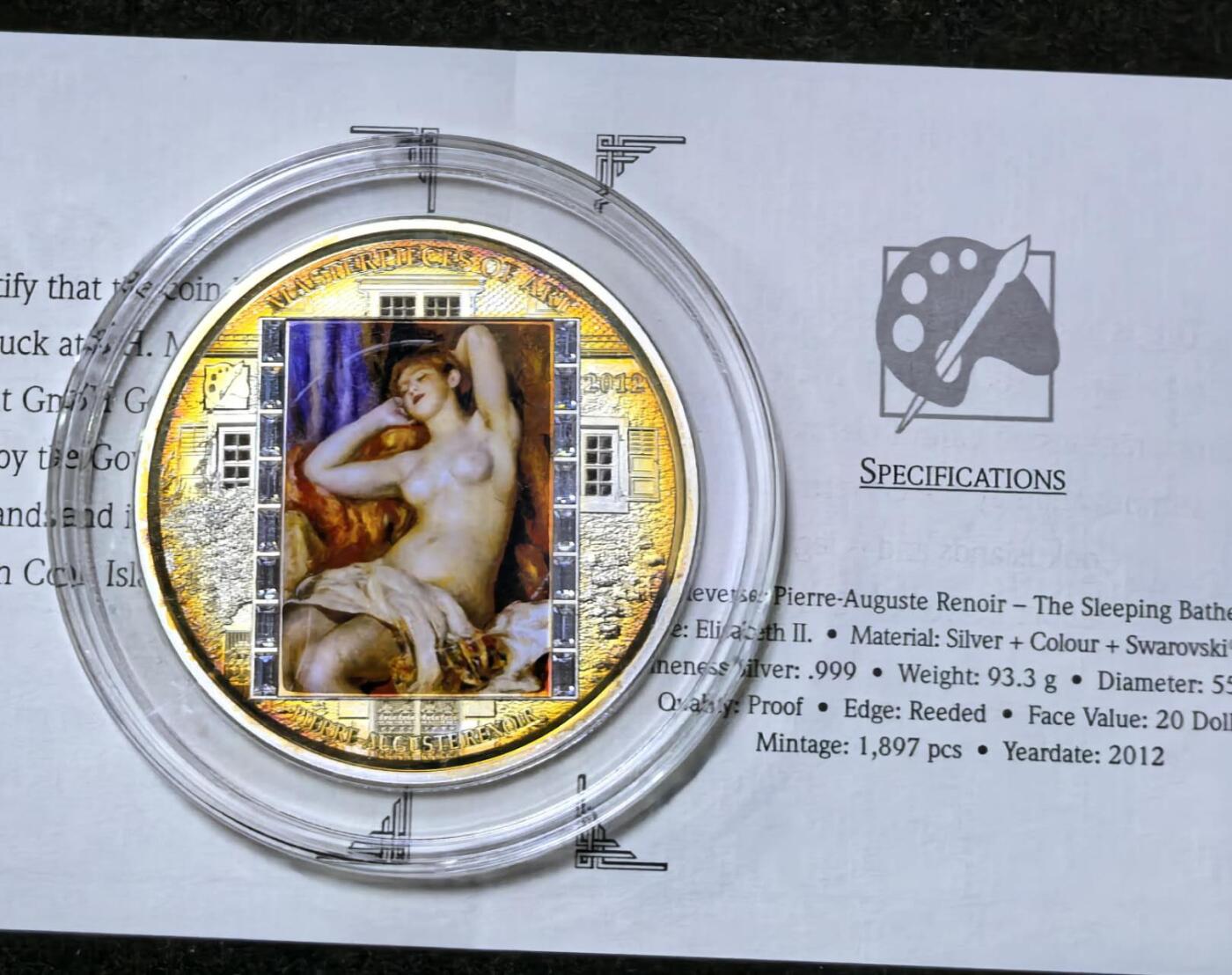 北京马甸外国币专卖第135期，外国币专场，陆续上拍，欢迎关注 2012年库克3盎司镶水晶油画《睡觉的女人》彩色银币，盒证齐全，收藏热门品种大部分已经沉淀在藏家手中，喜欢的不要错过哦哦