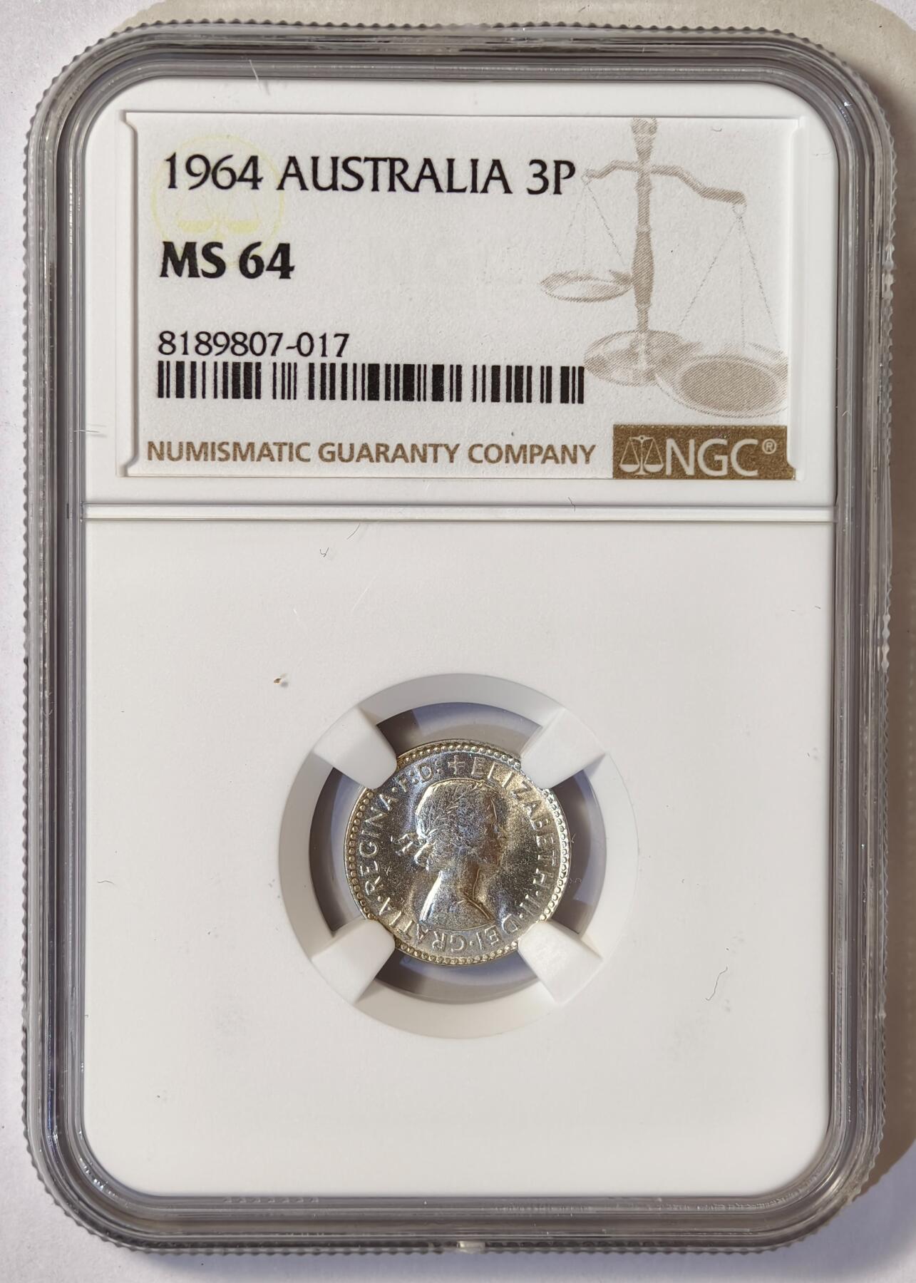 紫瑗钱币——第518期 澳大利亚 1964年 伊丽莎白二世 3便士 银币 NGC MS64
