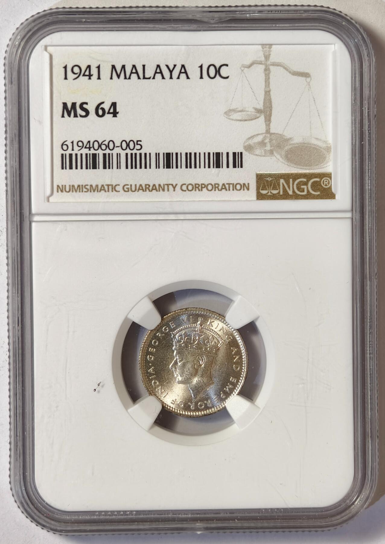 紫瑗钱币——第522期 马来亚 1941年 乔治六世 10分 银币 NGC MS64