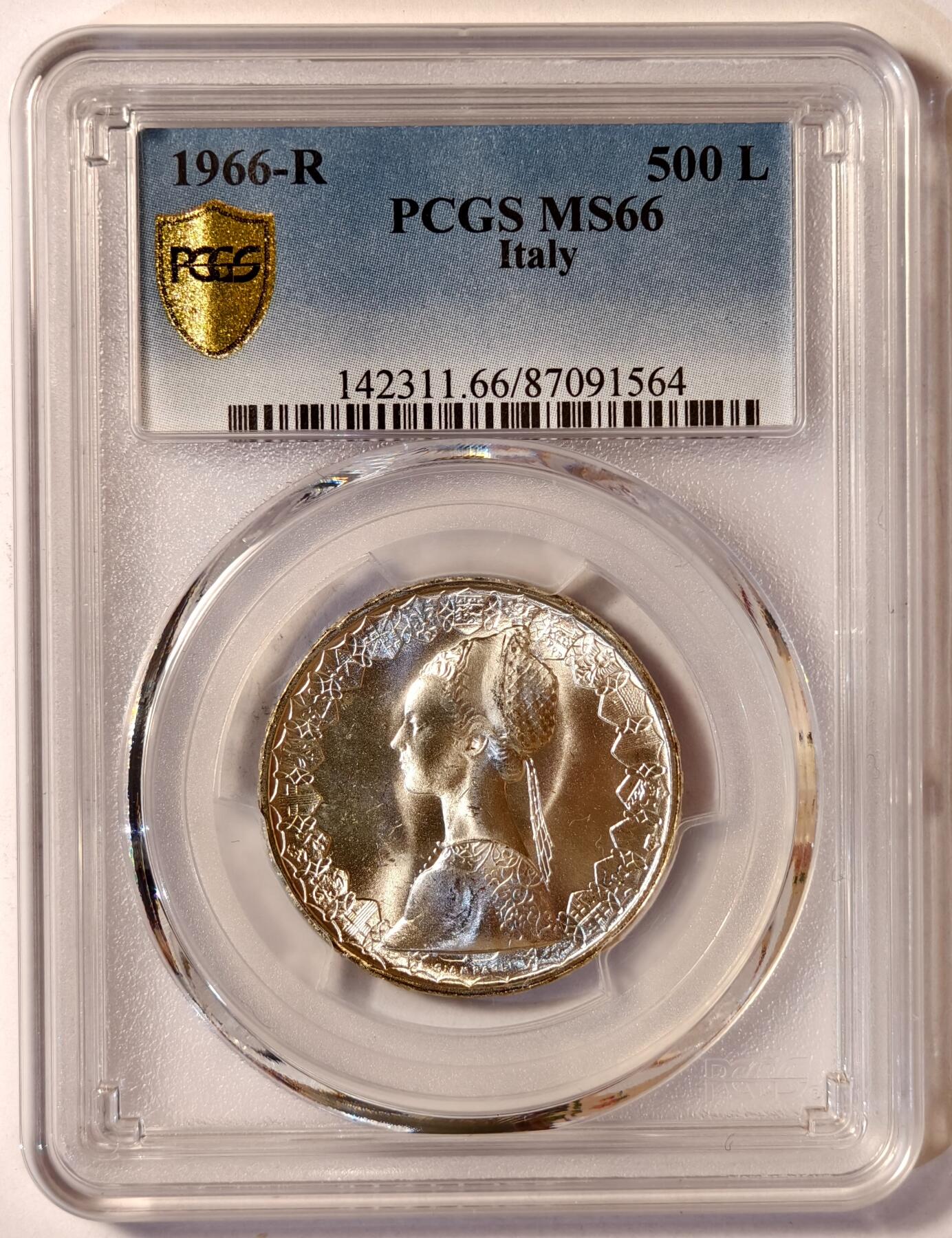 紫瑗钱币——第522期 意大利 1966年 R版 少女与帆船 500里拉 银币 PCGS MS66 