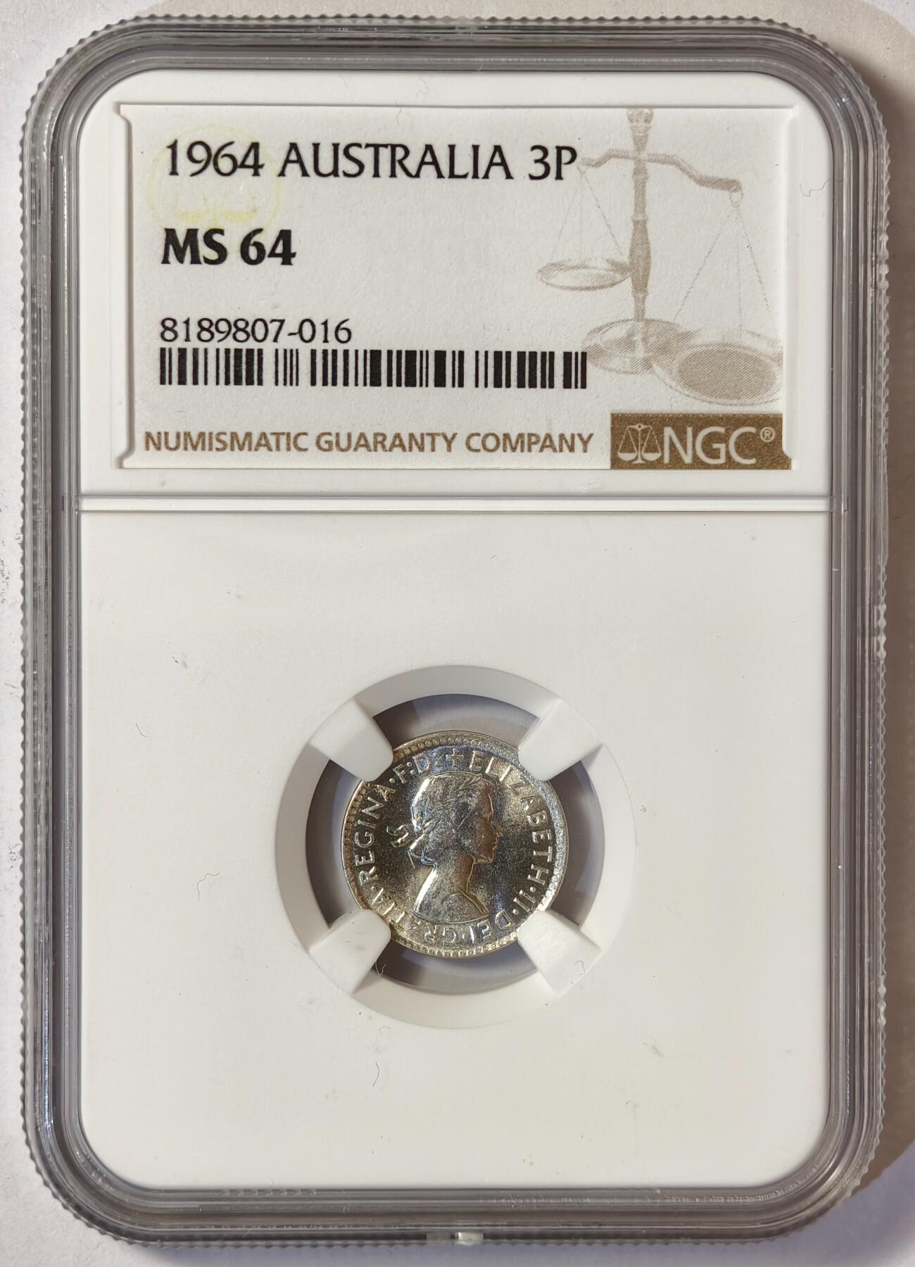 紫瑗钱币——第522期 澳大利亚 1964年 伊丽莎白二世 3便士 银币 NGC MS64