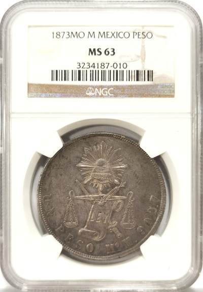 博洋堂世界钱币拍卖第131期（全场包邮） - NGC MS63 墨西哥1873Mo厂天平鹰洋1比索，NGC冠军分，黑五彩包浆细节深打。
