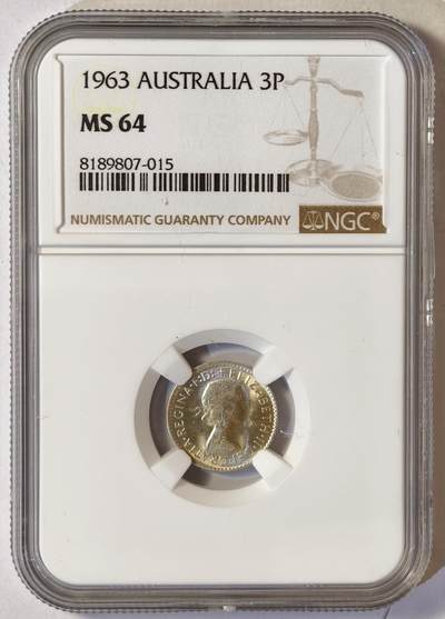 紫瑗钱币——第554期 - 澳大利亚 1963年 伊丽莎白二世 3便士 银币 NGC MS64