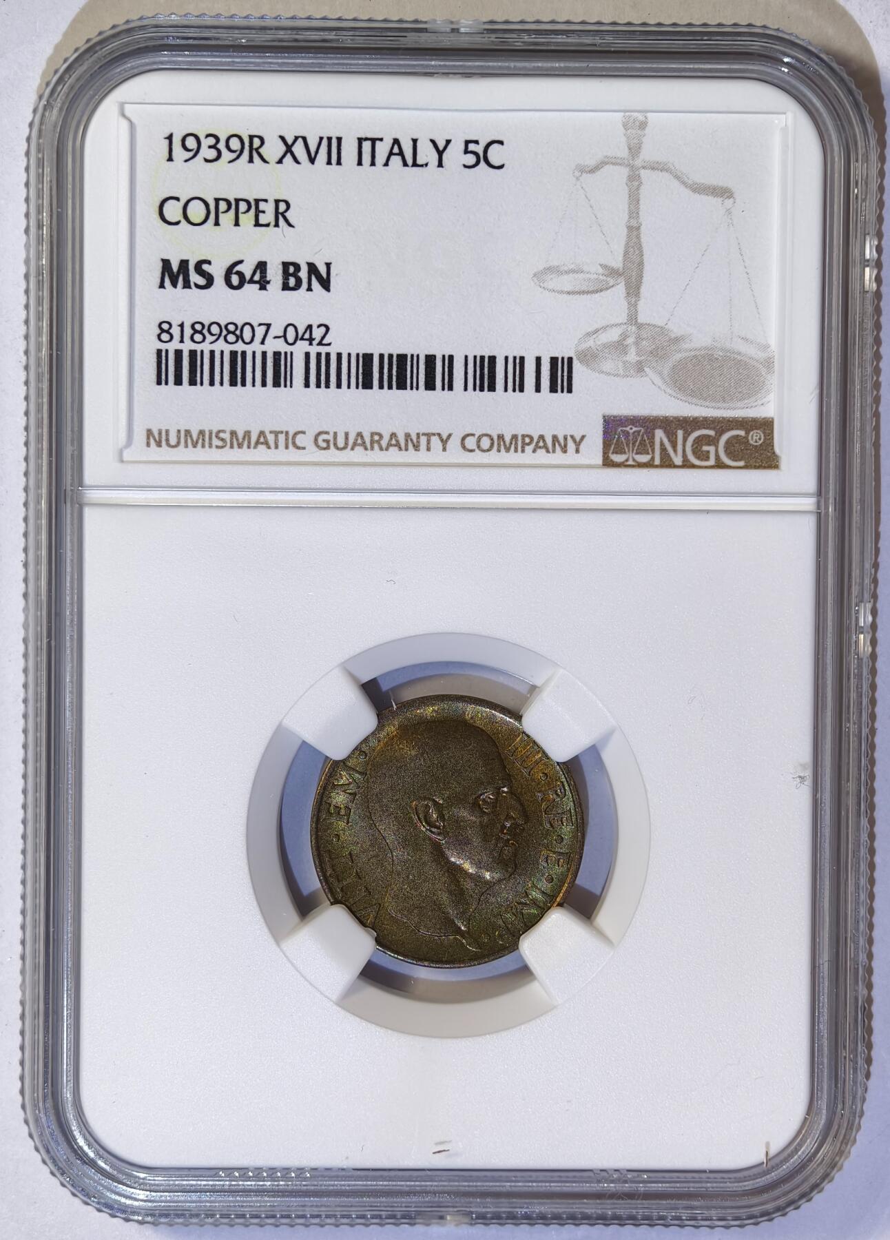 紫瑗钱币——第520期 意大利 1939年 R版 伊曼纽尔三世 5分 铜币 NGC MS64 BN