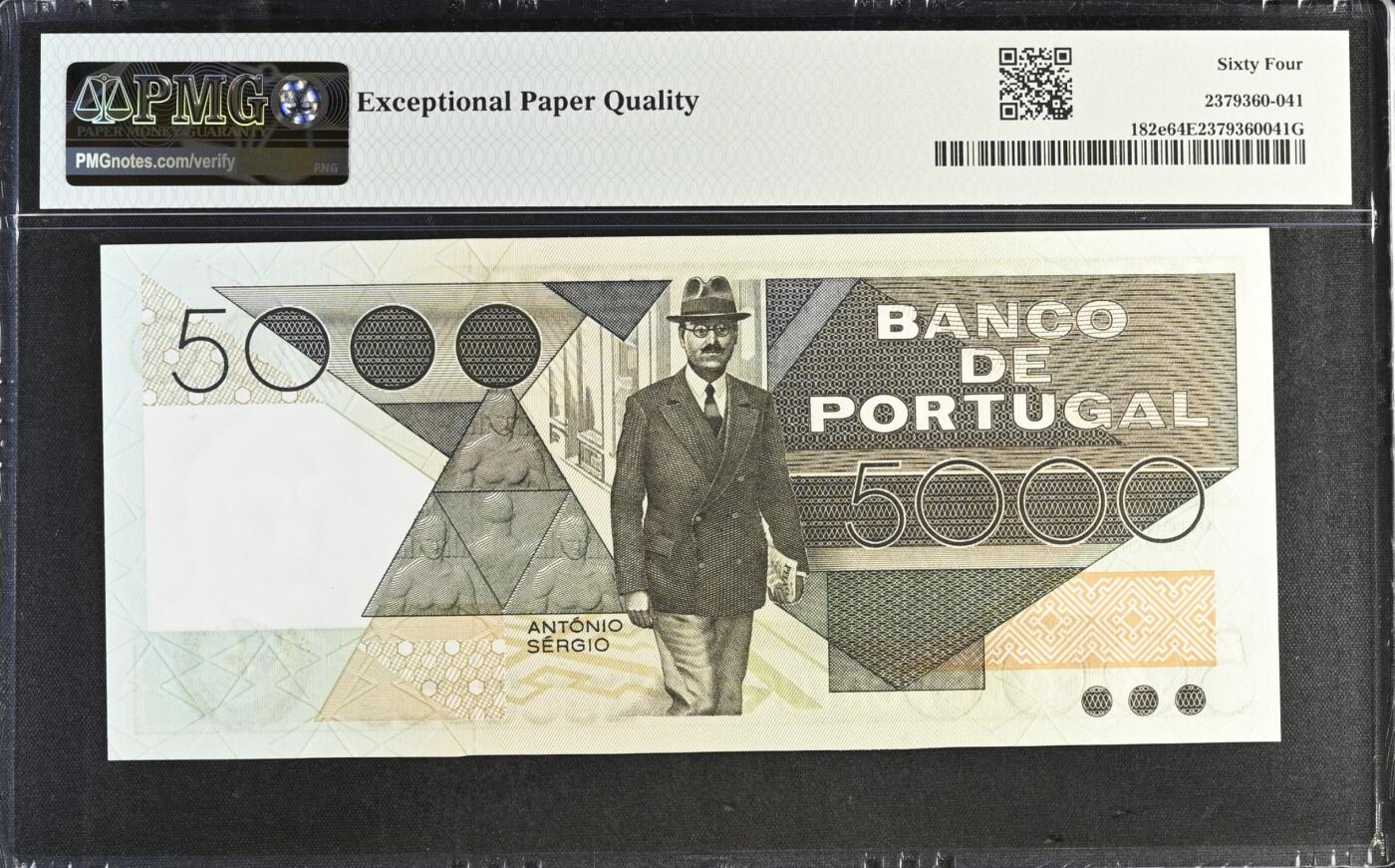 《艾美收藏》第190期-周日欧洲精品汇 葡萄牙5000埃斯库多 PMG64E 1986年 葡萄牙教育家苏沙 无357 带EPQ剪壳裸币收藏首选