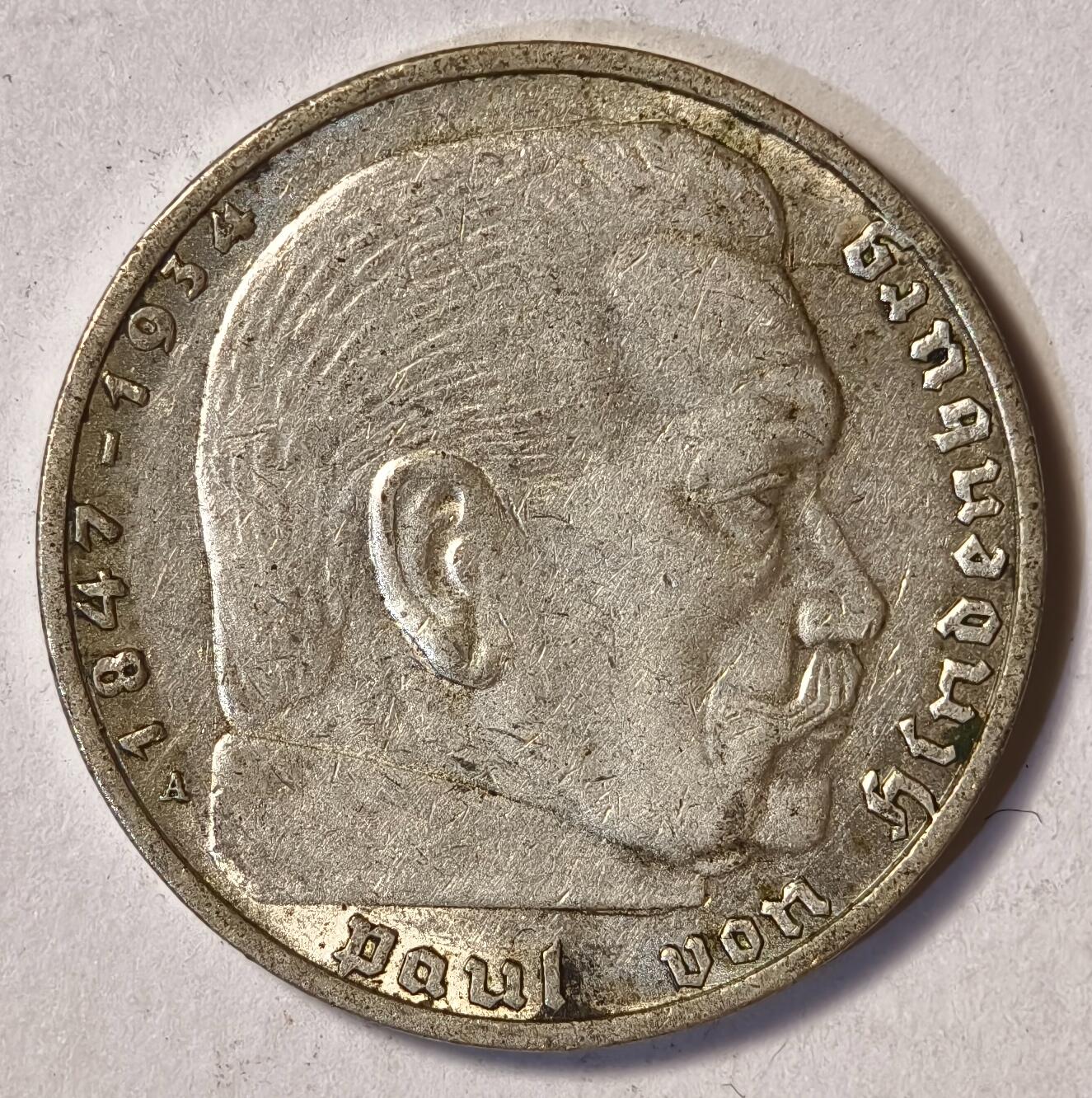 紫瑗钱币——第570期 德国 1937年 A版 兴登堡 字符 2马克 8克 0.625银