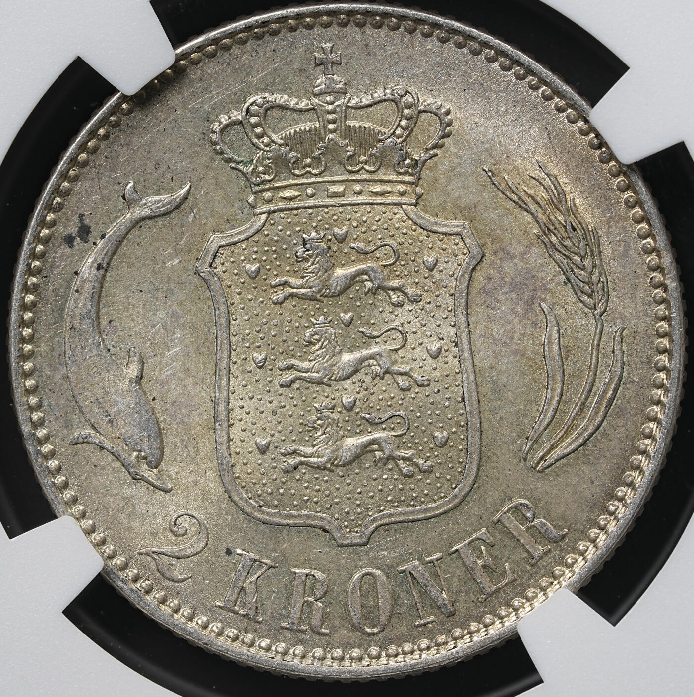 修遠堂世界钱币第六十期 NGC MS62 1916年丹麦海豚2克朗银币 流通克朗MS较少见