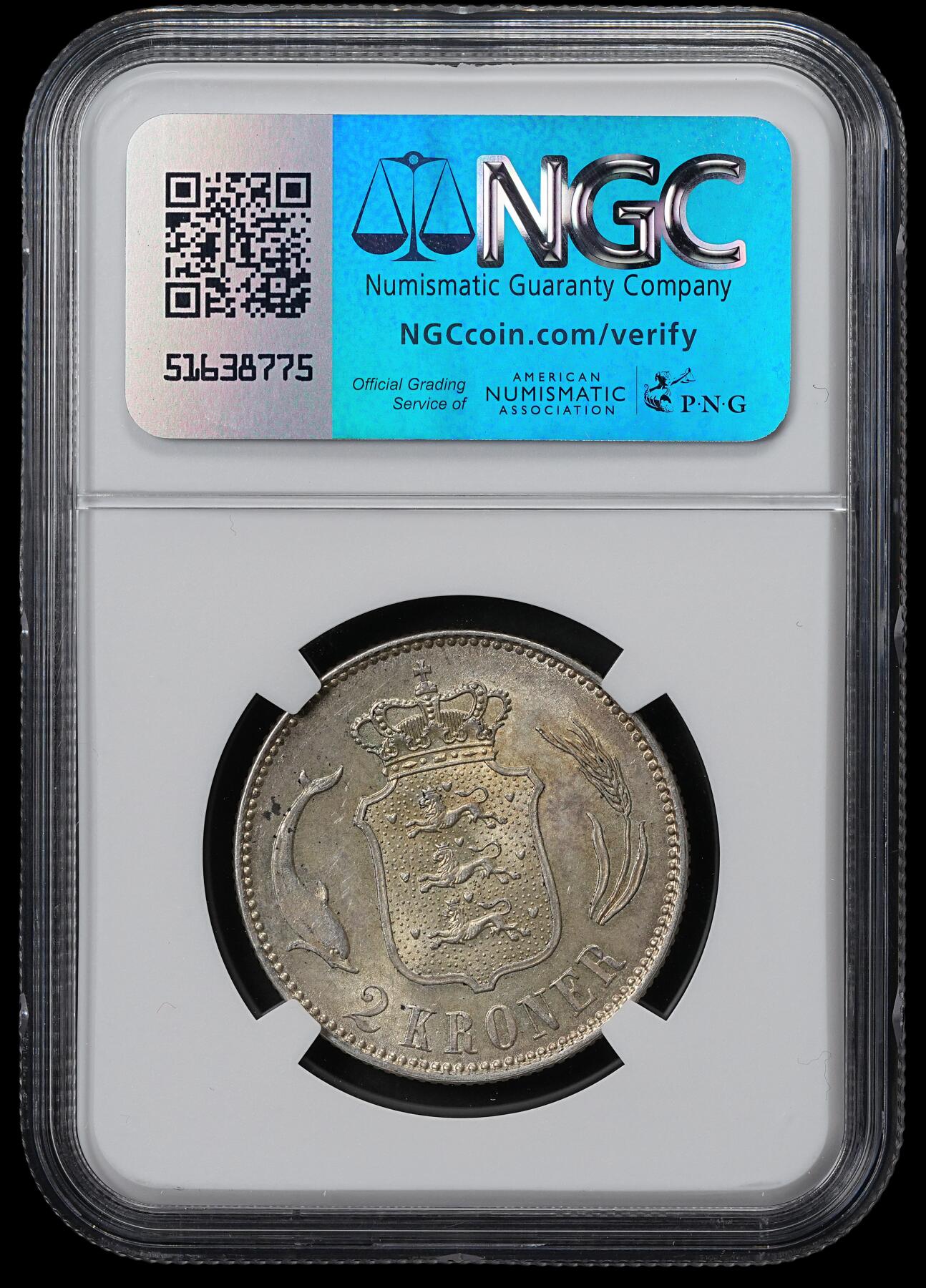 修遠堂世界钱币第六十期 NGC MS62 1916年丹麦海豚2克朗银币 流通克朗MS较少见
