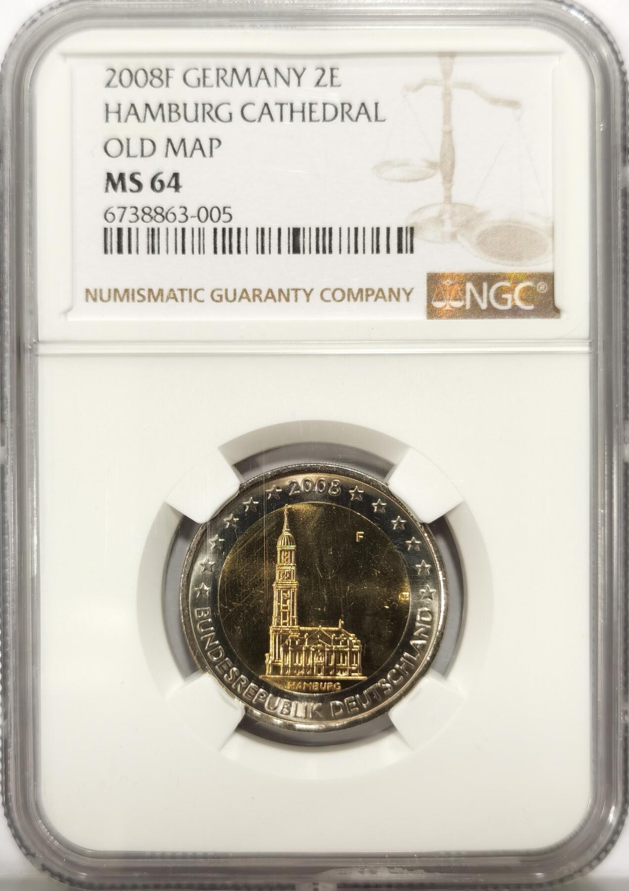 博洋堂世界钱币拍卖第113期（全场包邮） NGC MS64 错版币唯一冠军分！2008年德国汉堡大教堂2欧元双金属币，错用旧地图，裸币都500元了
