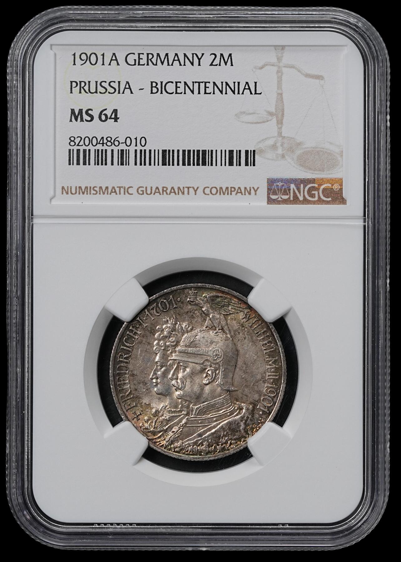 修遠堂世界钱币第六十期 NGC MS64 1901年普鲁士建国200周年2马克银币 五彩