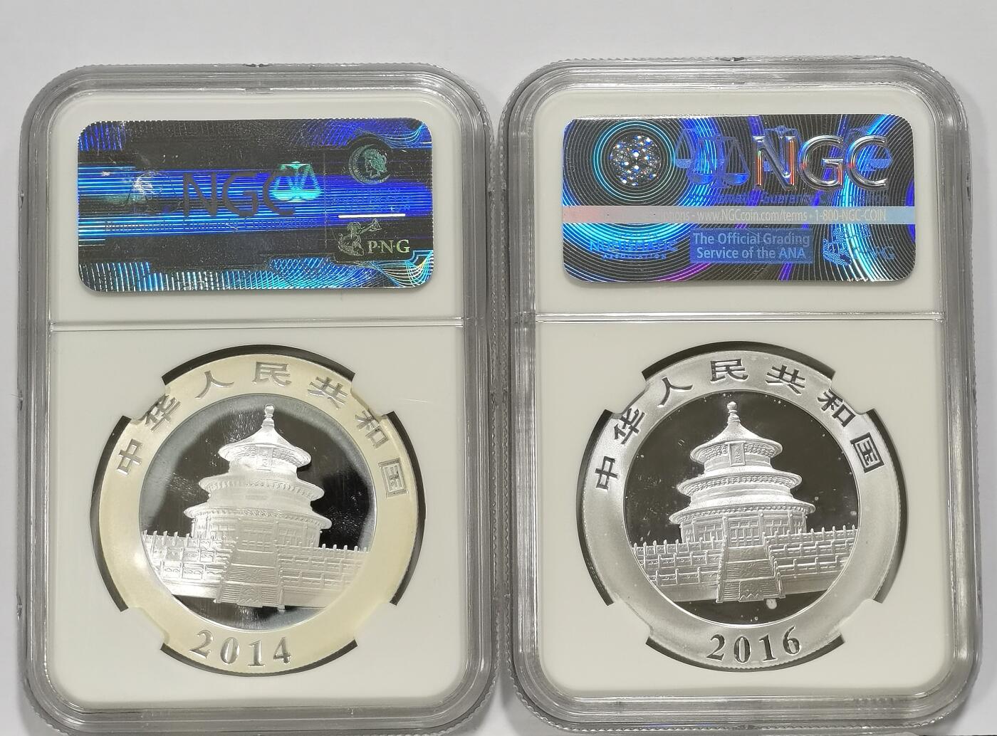 博洋堂世界钱币拍卖第113期（全场包邮） 两枚一组，NGC MS70 满分！2016年熊猫银币First Releases，2014年熊猫银币Early Releases，都略有白斑