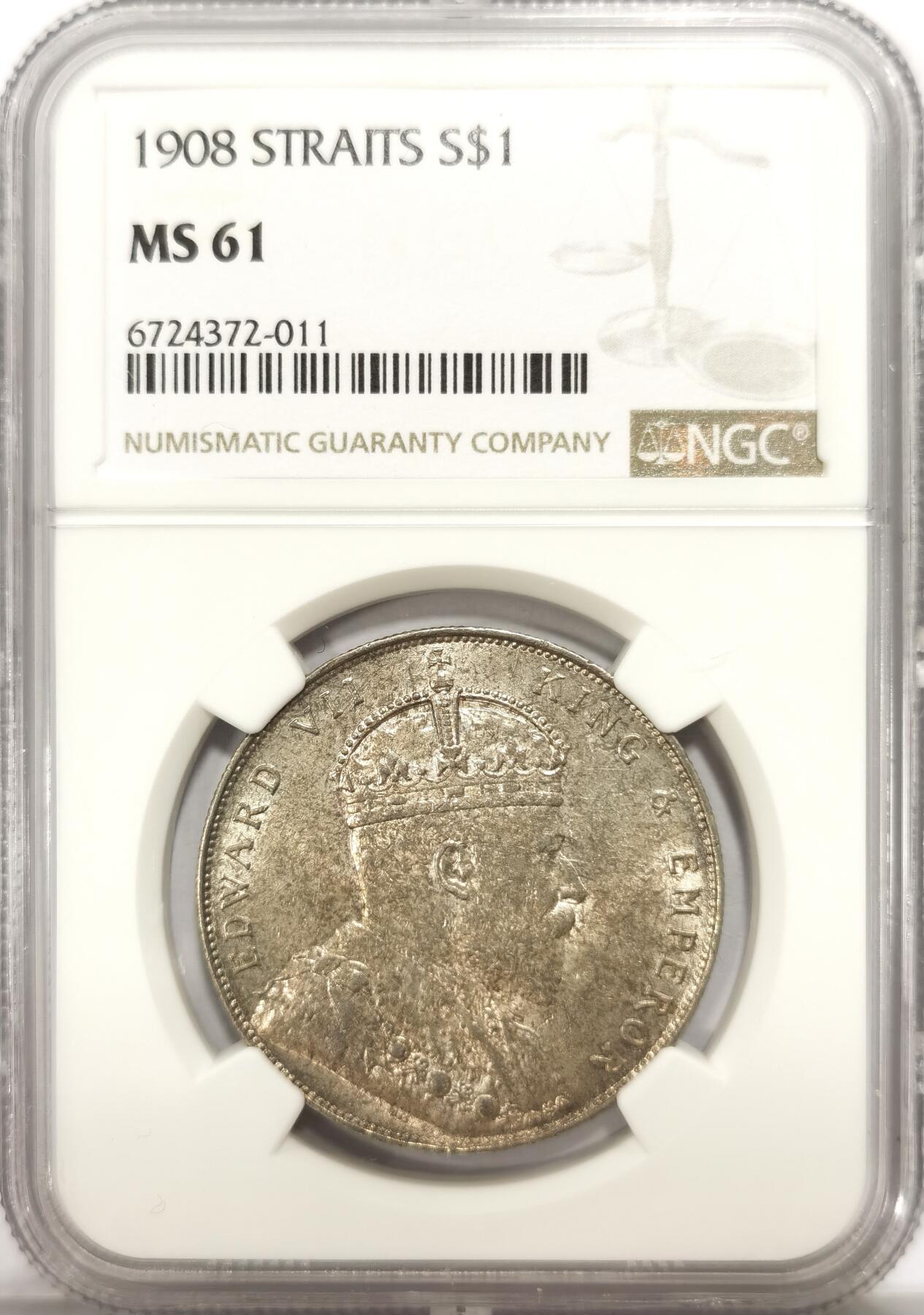 博洋堂世界钱币拍卖第113期（全场包邮） NGC MS61 海峡殖民地1908年爱德华七世壹圆银币，原味包浆